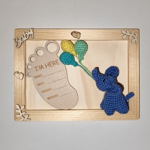 Kézműves babaköszöntő kép / ajándék - horgolt elefánttal és lufikkal - otthon & életmód - babaszoba, gyerekszoba - babaszoba kép - Meska.hu