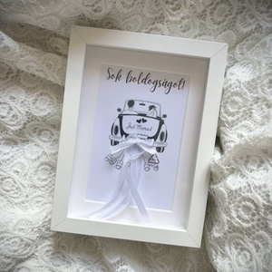 Fehér autó autós nászajándék, pénzátadó mély 3D képkeret szalag bogár vízfesték, just married - Meska.hu