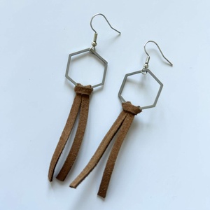 Rózsaszín bőr rojtos fülbevaló hexagon hatszög alappal - Meska.hu