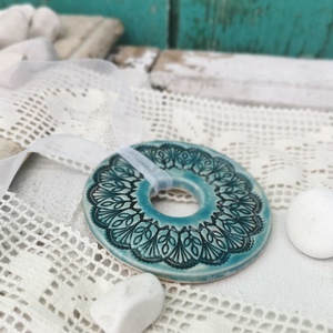 MANDALA kerámia dekoráció türkiz színben - karácsony - karácsonyi lakásdekoráció - karácsonyfadíszek - Meska.hu