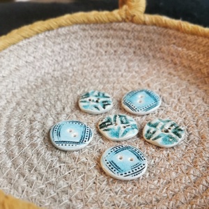 KERÁMIA GOMBOK - kézzel készült türkizkék mintás, 6db / csomag, Kellékek & szerszámok, Rövidáru, Gomb, Kerámia gomb, Agyagozás, MESKA