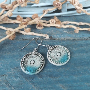 Rusztikus handmade kerámia fülbevaló, mandala mintával, Ékszer, Fülbevaló, Lógó fülbevaló, Agyagozás, Ékszerkészítés, MESKA