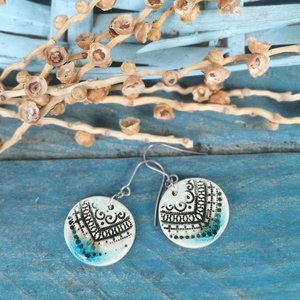 Rusztikus handmade kerámia fülbevaló, türkiz átmenetes, Ékszer, Fülbevaló, Lógó fülbevaló, Agyagozás, Ékszerkészítés, MESKA