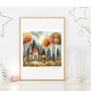 Mesebeli kiserdő házikóval  Illusztráció gyerekszobába (A4-es méret), Művészet, Grafika & Illusztráció, Egyéb rajzok, Fotó, grafika, rajz, illusztráció, Festészet, MESKA