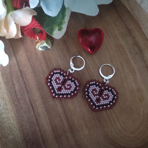 Szív fülbevaló, Ékszer, Fülbevaló, Lógó fülbevaló, Gyöngyfűzés, gyöngyhímzés, MESKA