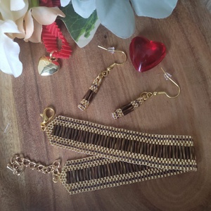 Barna-arany ékszerszett, Ékszer, Ékszerszett, Gyöngyfűzés, gyöngyhímzés, MESKA