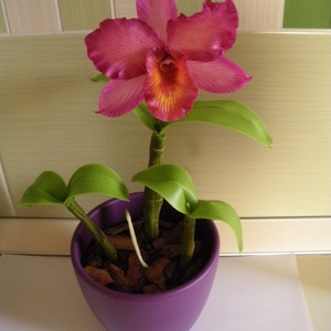 cattleya orchidea agyagból, 1 virággal - rózsaszín - Meska.hu