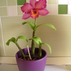 cattleya orchidea agyagból, 1 virággal - rózsaszín -  - Meska.hu