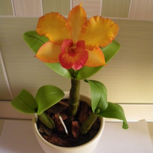 cattleya orchidea agyagból, 1 virággal - narancssárga - Meska.hu