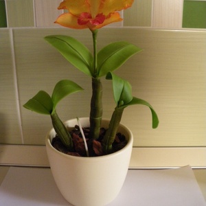 cattleya orchidea agyagból, 1 virággal - narancssárga -  - Meska.hu