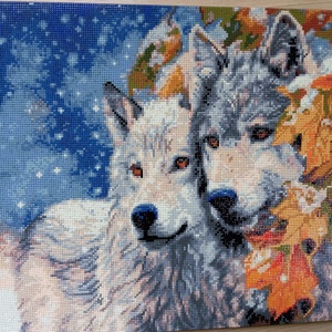 Farkasok őszi levelekkel a havazásban - gyémántszemes kirakó kerettel, Otthon & Életmód, Dekoráció, Kép & Falikép, Mozaik kép, Mozaik, MESKA