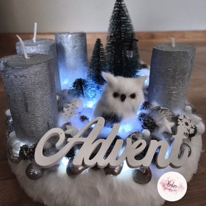 Baglyos ezüst adventi koszorú  - karácsony - adventi díszek - adventi koszorú - Meska.hu