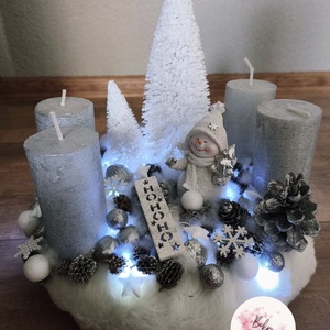 Ezüst hóember - adventi koszorú  - karácsony - adventi díszek - adventi koszorú - Meska.hu
