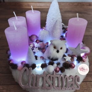 Rózsaszín baglyos adventi koszorú  - karácsony - adventi díszek - adventi koszorú - Meska.hu