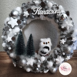 Ezüst baglyos karácsonyi kopogtató , Karácsony, Adventi díszek, Adventi ajtódísz, Mindenmás, MESKA