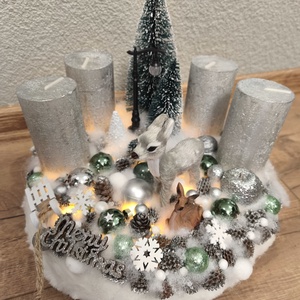 Ezüst - Zöld szarvasos adventi koszorú  - Meska.hu