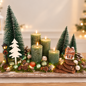 Erdei házikó - adventi , Karácsony, Adventi díszek, Adventi koszorú, , 35*15cm-es fa tálcára készült.
Beépített kapcsolható világítással.
Prémium minőségű gyertyákkal, üv..., MESKA