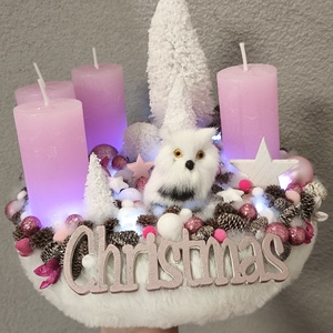 Rózsaszín baglyos adventi koszorú  - karácsony - adventi díszek - adventi koszorú - Meska.hu