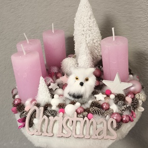 Rózsaszín baglyos adventi koszorú  - karácsony - adventi díszek - adventi koszorú - Meska.hu