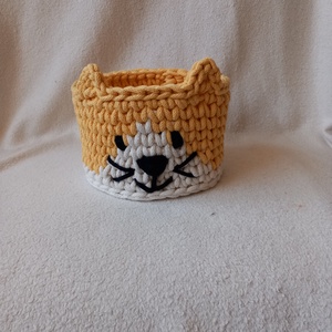Horgolt sárga cica tároló  - otthon & életmód - tárolás & rendszerezés - tárolókosár - Meska.hu