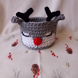 Horgolt Rudolf rénszarvas tároló , Karácsony, Karácsonyi ajándékozás, Karácsonyi képeslap, üdvözlőlap, ajándékkísérő, Horgolás, MESKA