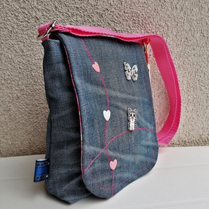 Gyerek, kislány farmer oldaltáska - pink cicás - táska & tok - kézitáska & válltáska - vállon átvethető táska - Meska.hu