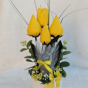 Tavaszi, nyári, húsvéti asztaldísz - sárga tulipános, Otthon & Lakás, Dekoráció, Asztaldísz, Asztal és polc dekoráció, Mindenmás, Virágkötés, Meska