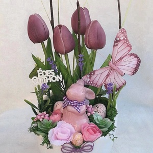 Tavaszi, nyári, húsvéti asztaldísz - lila tulipános, nyuszis - otthon & lakás - dekoráció - Meska.hu