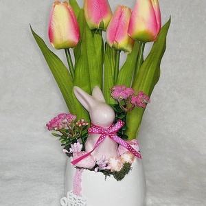 Tavaszi, nyári, húsvéti asztaldísz - lila tulipános, nyuszis, Otthon & Lakás, Dekoráció, Asztal és polc dekoráció, Asztaldísz, Mindenmás, Virágkötés, MESKA