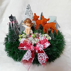 Karácsonyi koszorú, asztaldísz - Angyalka őzikékkel, Karácsony, Adventi díszek, Adventi koszorú, Mindenmás, Virágkötés, MESKA