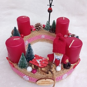 Adventi, karácsonyi koszorú, asztaldísz - kislánnyal, bordó - karácsony - adventi díszek - adventi koszorú - Meska.hu