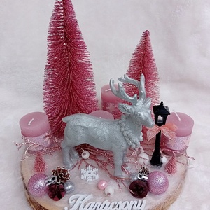 Karácsonyi, adventi asztaldísz szarvassal - pink, ezüst - Meska.hu