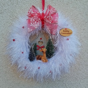Téli, karácsonyi ajtódísz, kopogtató - őzikés, fehér, Karácsony, Adventi díszek, Adventi ajtódísz, Mindenmás, MESKA