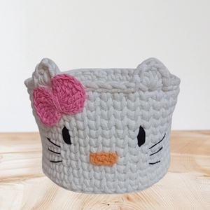 Horgolt kosár Hello Kitty - fehér, Otthon & Életmód, Babaszoba, gyerekszoba, Játéktároló, Horgolás, MESKA