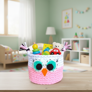 Horgolt kosár Bagolyka - fehér/rózsaszín  - otthon & életmód - babaszoba, gyerekszoba - játéktároló - Meska.hu