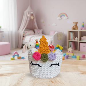 Horgolt kosár Unikornis - pink virággal - otthon & életmód - babaszoba, gyerekszoba - játéktároló - Meska.hu