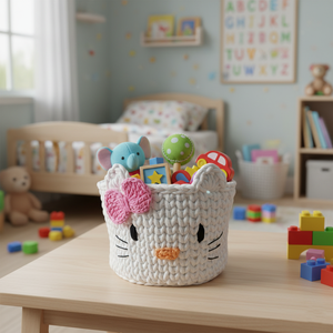 Horgolt kosár Hello Kitty - fehér - otthon & életmód - babaszoba, gyerekszoba - játéktároló - Meska.hu