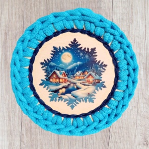 Karácsonyi horgolt fedeles kosárka, havas táj, kék, Otthon & Életmód, Tárolás & Rendszerezés, Tárolókosár, Horgolás, MESKA