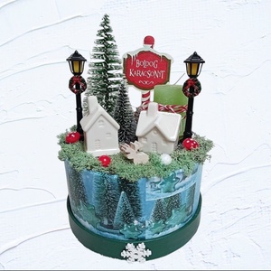 Karácsonyi box, asztaldísz - Havas házikók/ zöld, Karácsony, Karácsonyi lakásdekoráció, Ünnepi asztaldekoráció, Mindenmás, Virágkötés, MESKA