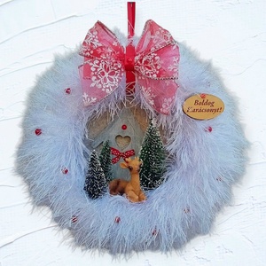 Téli, karácsonyi ajtódísz, kopogtató - őzikés, fehér, Karácsony, Adventi díszek, Adventi ajtódísz, Mindenmás, MESKA