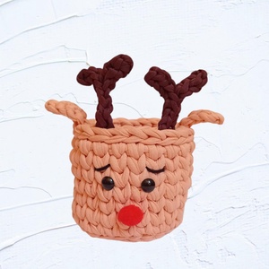 Horgolt kosárka rénszarvas - barack színű, Karácsony, Karácsonyi lakásdekoráció, Ünnepi asztaldekoráció, Horgolás, MESKA