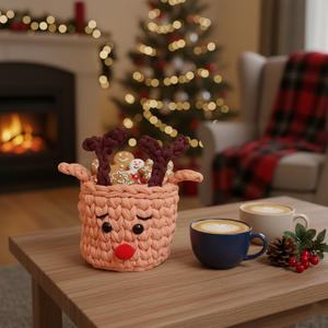 Horgolt kosárka rénszarvas - barack színű - karácsony - karácsonyi lakásdekoráció - ünnepi asztaldekoráció - Meska.hu