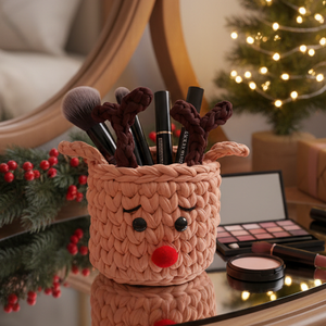 Horgolt kosárka rénszarvas - barack színű - karácsony - karácsonyi lakásdekoráció - ünnepi asztaldekoráció - Meska.hu