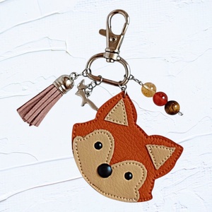 Szerencsehozó kulcstartó, táskadísz ásványgyöngyökkel - róka - terrakotta/bézs I., Táska & Tok, Kulcstartó & Táskadísz, Kulcstartó, Ékszerkészítés, Gyöngyfűzés, gyöngyhímzés, MESKA