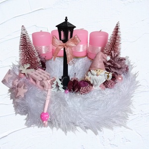 Adventi, karácsonyi manós koszorú, asztaldísz rózsaszín - Meska.hu