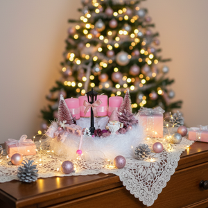 Adventi, karácsonyi manós koszorú, asztaldísz rózsaszín - karácsony - adventi díszek - adventi asztaldísz - Meska.hu