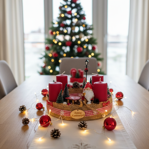 Adventi, karácsonyi manós koszorú, asztaldísz bordó - karácsony - adventi díszek - adventi koszorú - Meska.hu