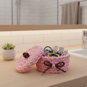 Horgolt ékszertartó rózsaszínű  - otthon & életmód - tárolás & rendszerezés - tárolókosár - Meska.hu