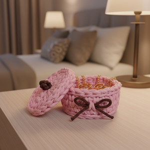 Horgolt ékszertartó rózsaszínű  - otthon & életmód - tárolás & rendszerezés - tárolókosár - Meska.hu