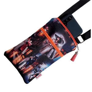 Mobiltelefon tartó válltáska, fekete/narancs 13 x 21 cm - táska & tok - kézitáska & válltáska - vállon átvethető táska - Meska.hu